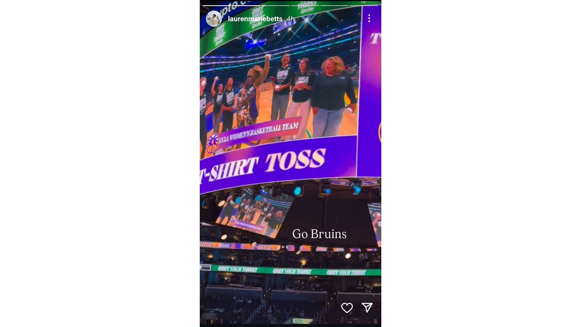 UCLA star Lauren Betts shared their participation in the T-shirt toss during the Los Angeles Sparks' game against the Phoenix Mercury on her Instagram story on Sunday. Source: Instagram/@laurenmariebetts